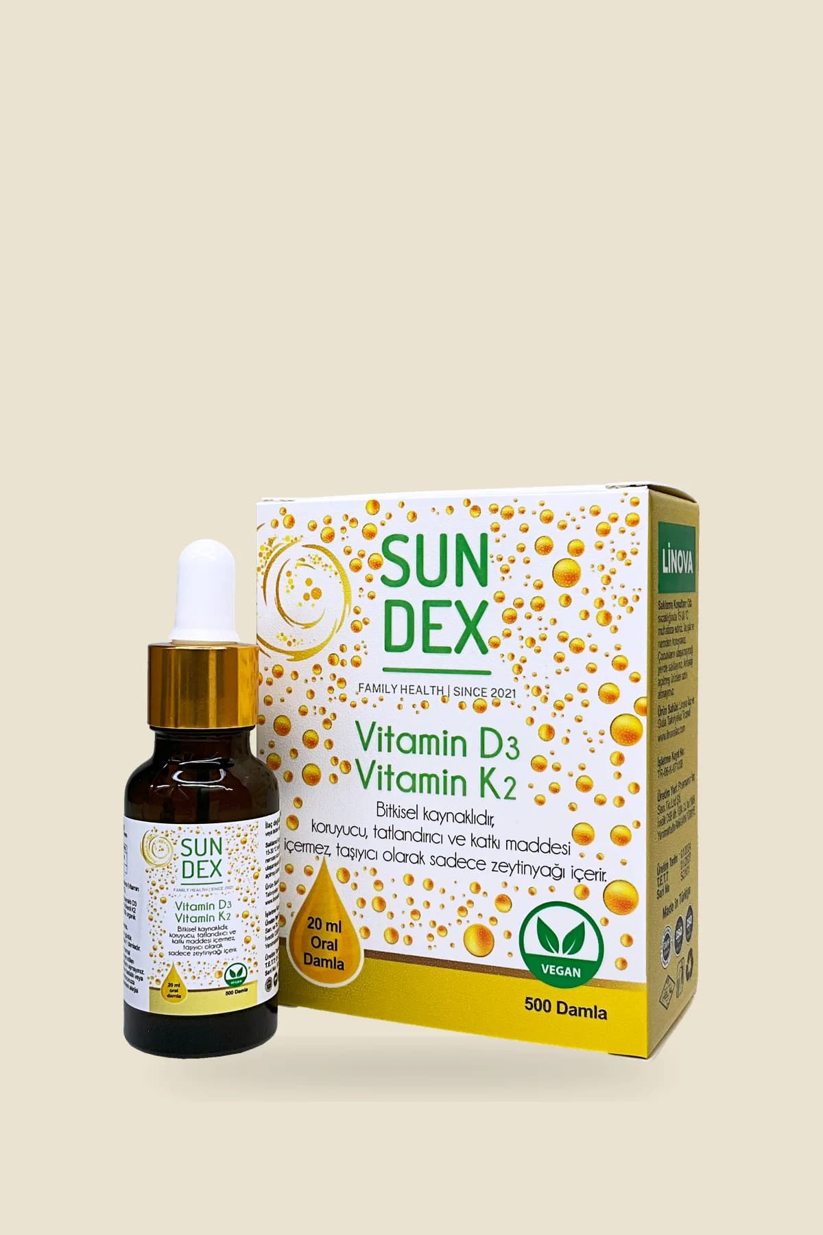 SUNDEX Vitamin D3 + K2, 20 ml Oral Damla (500 Damla)