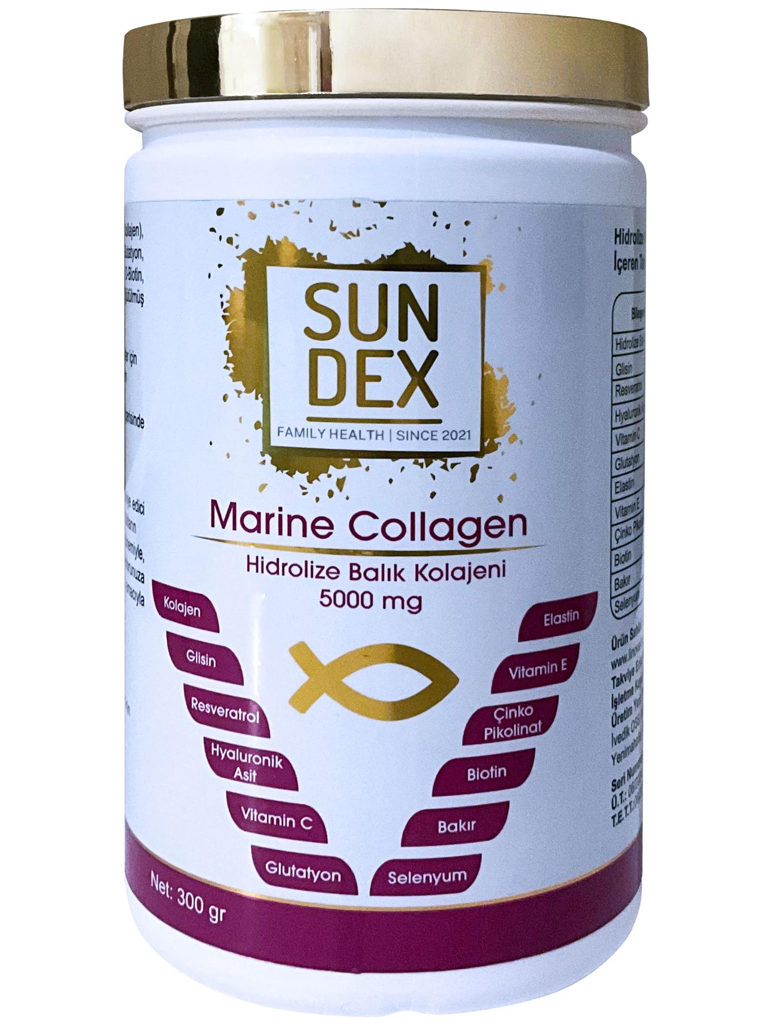 SUNDEX Marine Collagen Hidrolize Balık Kolajeni, Glisin, Elastin, Resveratrol, Hyaluronik Asit, Vitamin ve Mineraller 300 gr 