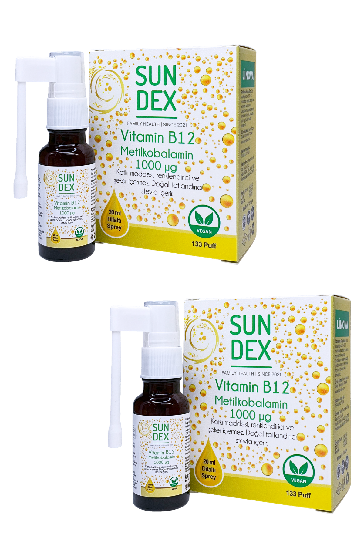 SUNDEX 2’li Paket Vitamin B12 Metilkobalamin 1000 µg 20 ml Dilaltı Sprey