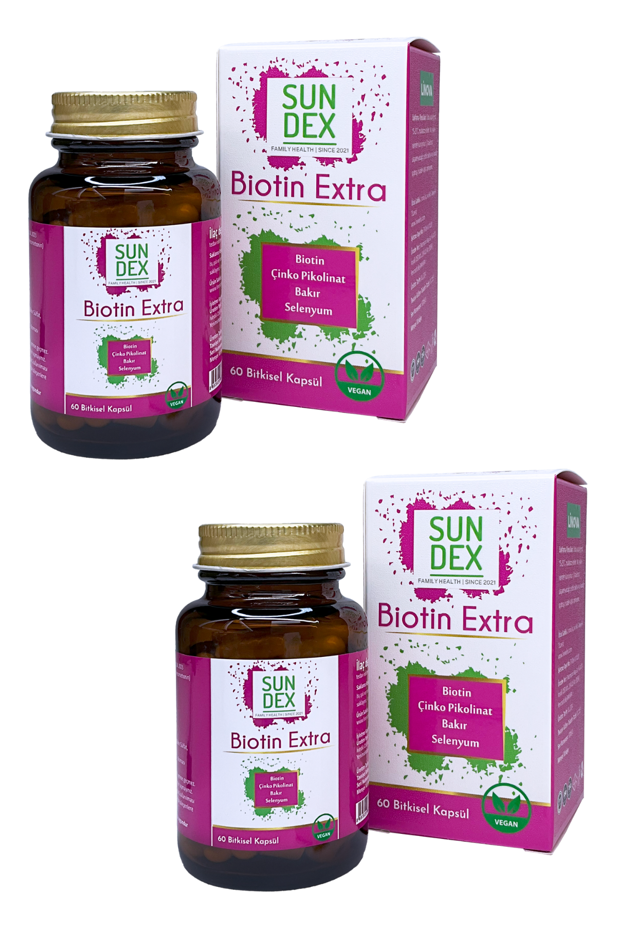 SUNDEX 2’li Paket Biotin Extra Biotin, Çinko Pikolinat, Bakır, Selenyum 60 Bitkisel Kapsül