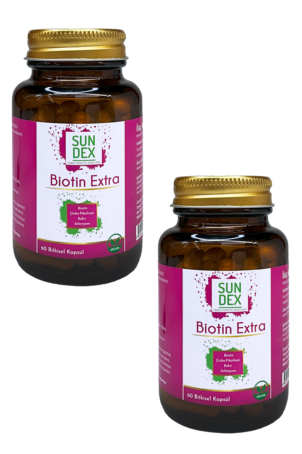 SUNDEX 2’li Paket Biotin Extra Biotin, Çinko Pikolinat, Bakır, Selenyum 60 Bitkisel Kapsül
