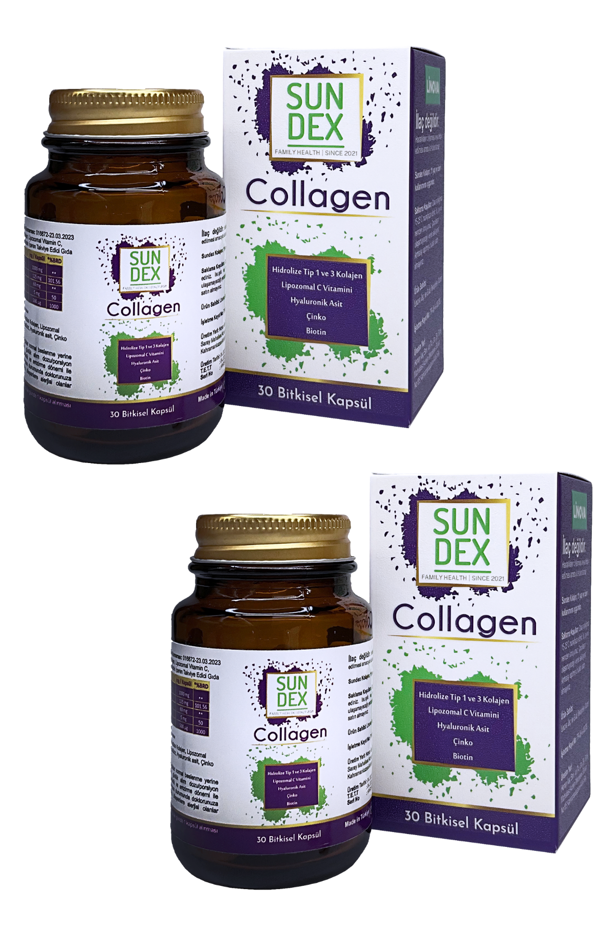 SUNDEX 2’li Paket Collagen Hidrolize Tip I-III Kolajen, Lipozomal C, Hyaluronik Asit, Çinko, Biotin 30 Bitkisel Kapsül