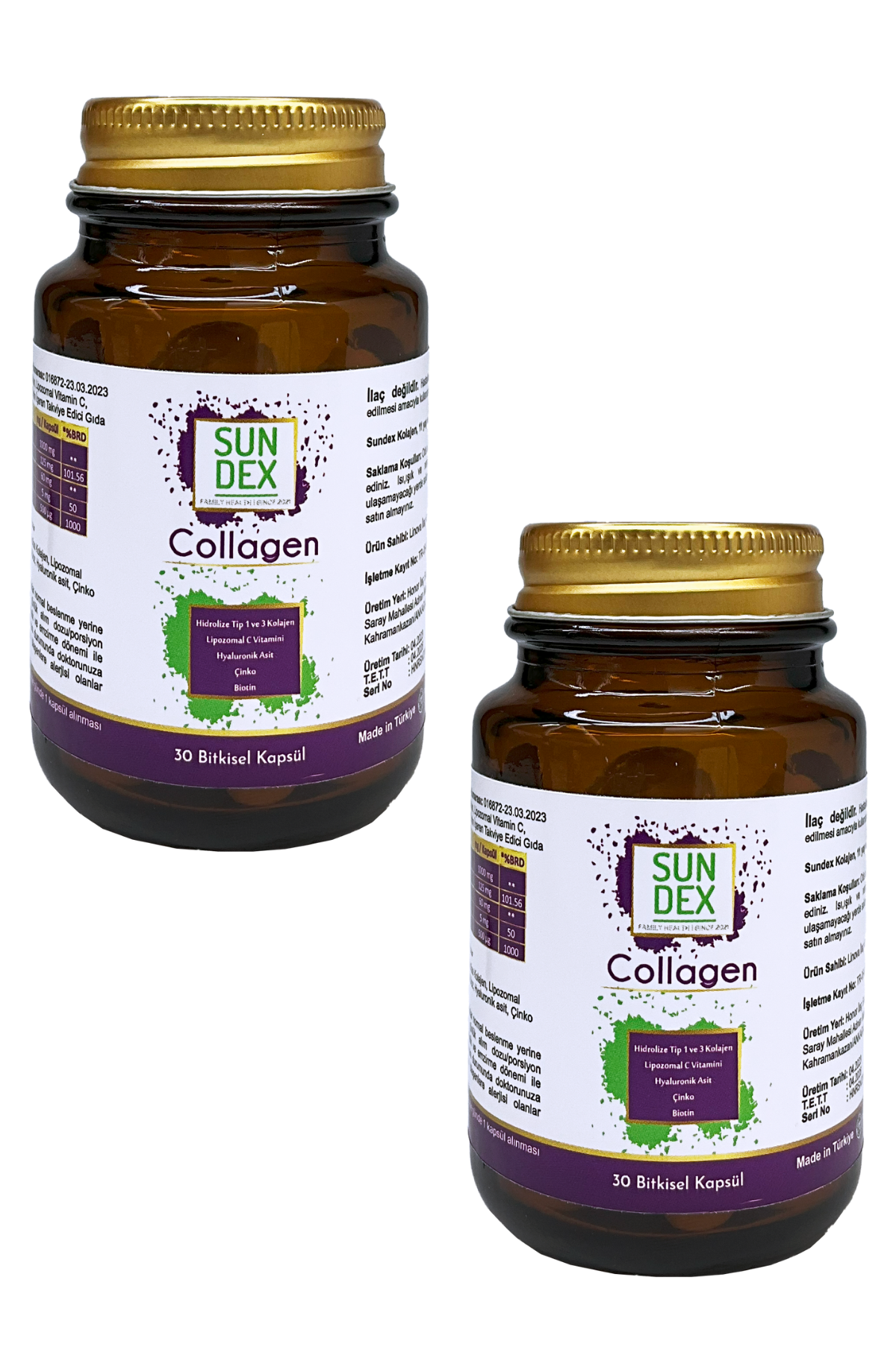 SUNDEX 2’li Paket Collagen Hidrolize Tip I-III Kolajen, Lipozomal C, Hyaluronik Asit, Çinko, Biotin 30 Bitkisel Kapsül