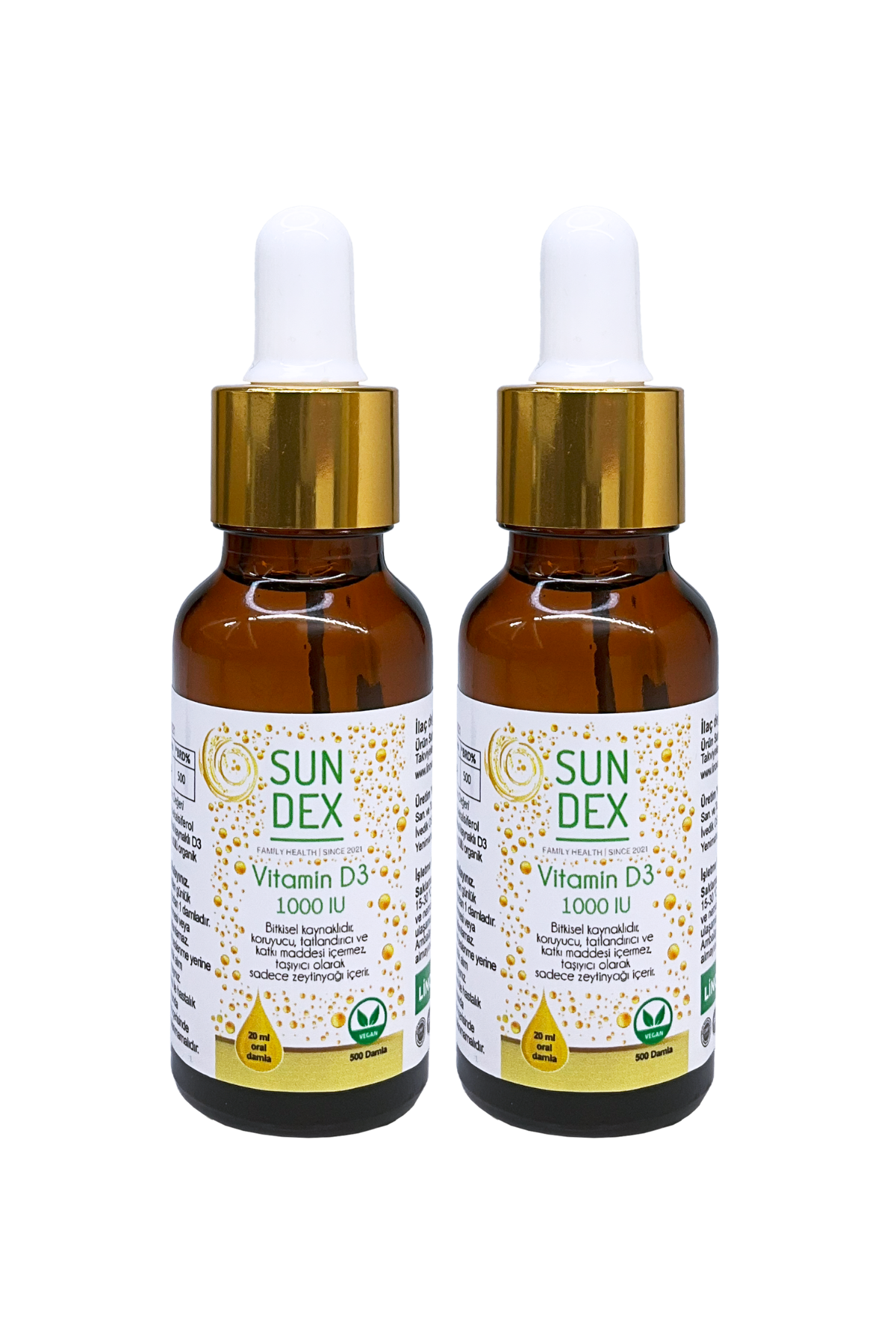 SUNDEX 2’li Paket Vitamin D3 1000 IU 500 Damla 20 ml Bitkisel Kaynaklı