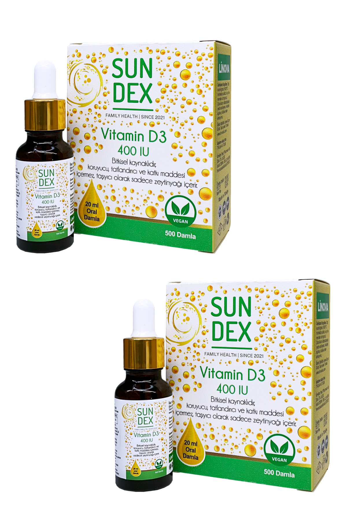 SUNDEX 2’li Paket  Vitamin D3 400 IU 20 ml 500 Damla (Çocuk Form)