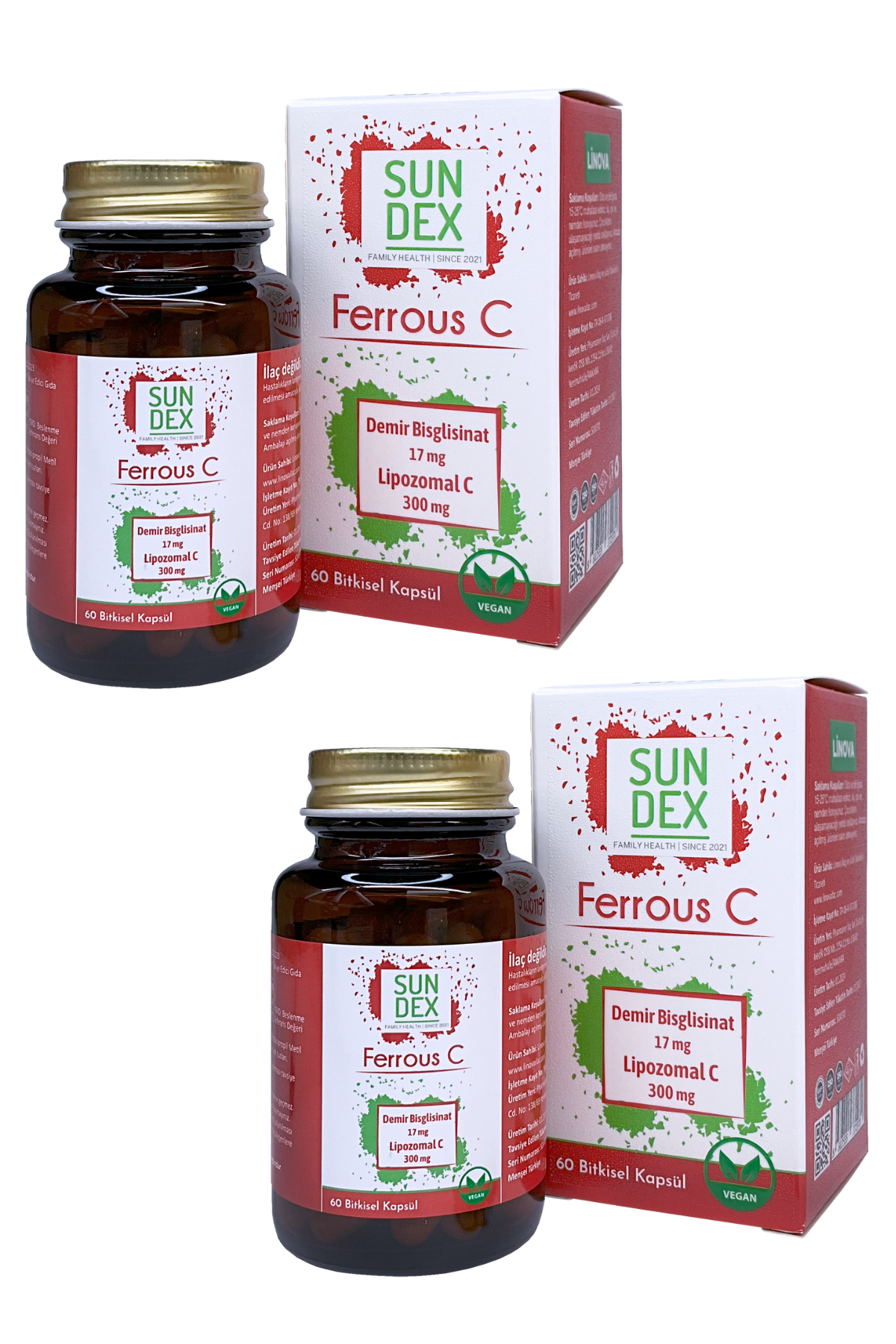SUNDEX 2’li Paket Ferrous C Demir Bisglisinat + Lipozomal C 60 Bitkisel Kapsül