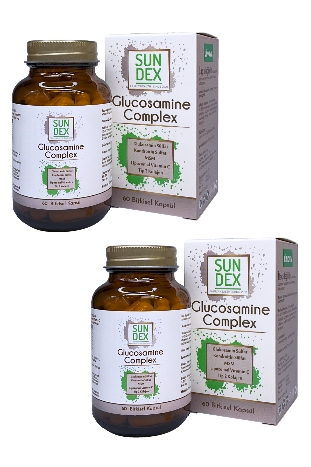 SUNDEX 2’li Paket Glucosamine Complex Glukozamin Sülfat, Kondroitin Sülfat, MSM, Lipozomal Vitamin C, Tip 2 Kolajen 60 Bitkisel Kapsül