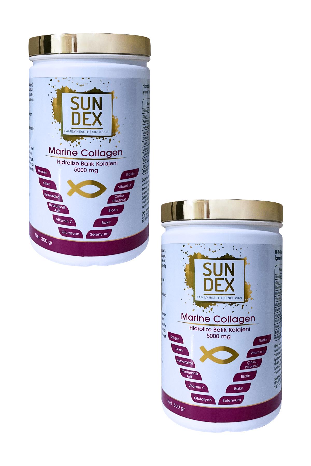 SUNDEX 2’li Paket Marine Collagen Hidrolize Balık Kolajeni, Glisin, Elastin, Resveratrol, Hyaluronik Asit, Vitamin ve Mineraller 300 gr 
