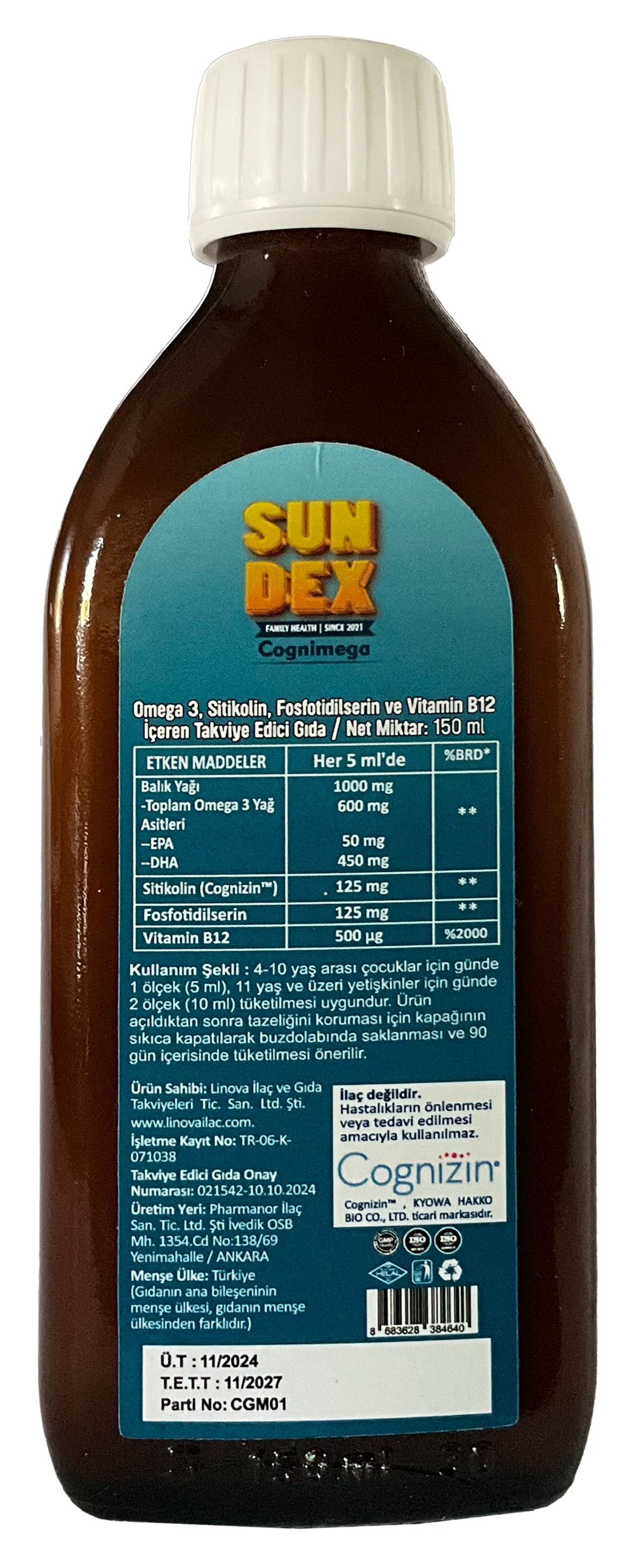 SUNDEX 2’li Paket Cognimega DHA Omega 3, Sitikolin, Fosfotidilserin, Vitamin B12 150 ml