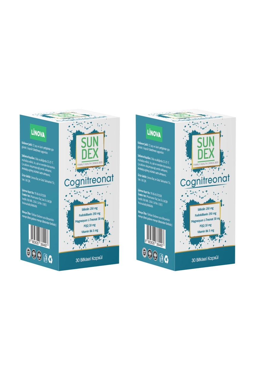 SUNDEX 2’li Paket Cognitreonat Sitikolin, Fosfotidilserin, Magnezyum L-Treonat, Pirolokinolin Kinon, Vitamin B6 30 Bitkisel Kapsül