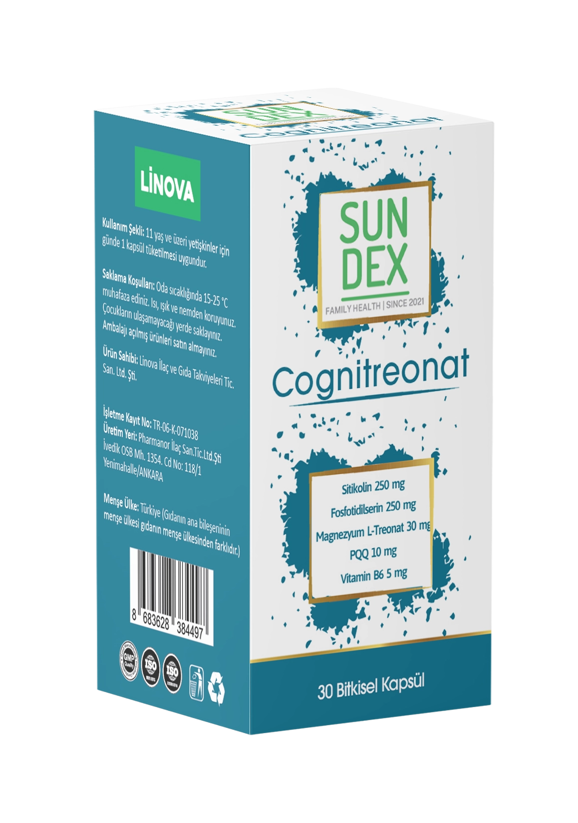 SUNDEX Cognitreonat Sitikolin, Fosfotidilserin, Magnezyum L-Treonat, Pirolokinolin Kinon, Vitamin B6 30 Bitkisel Kapsül