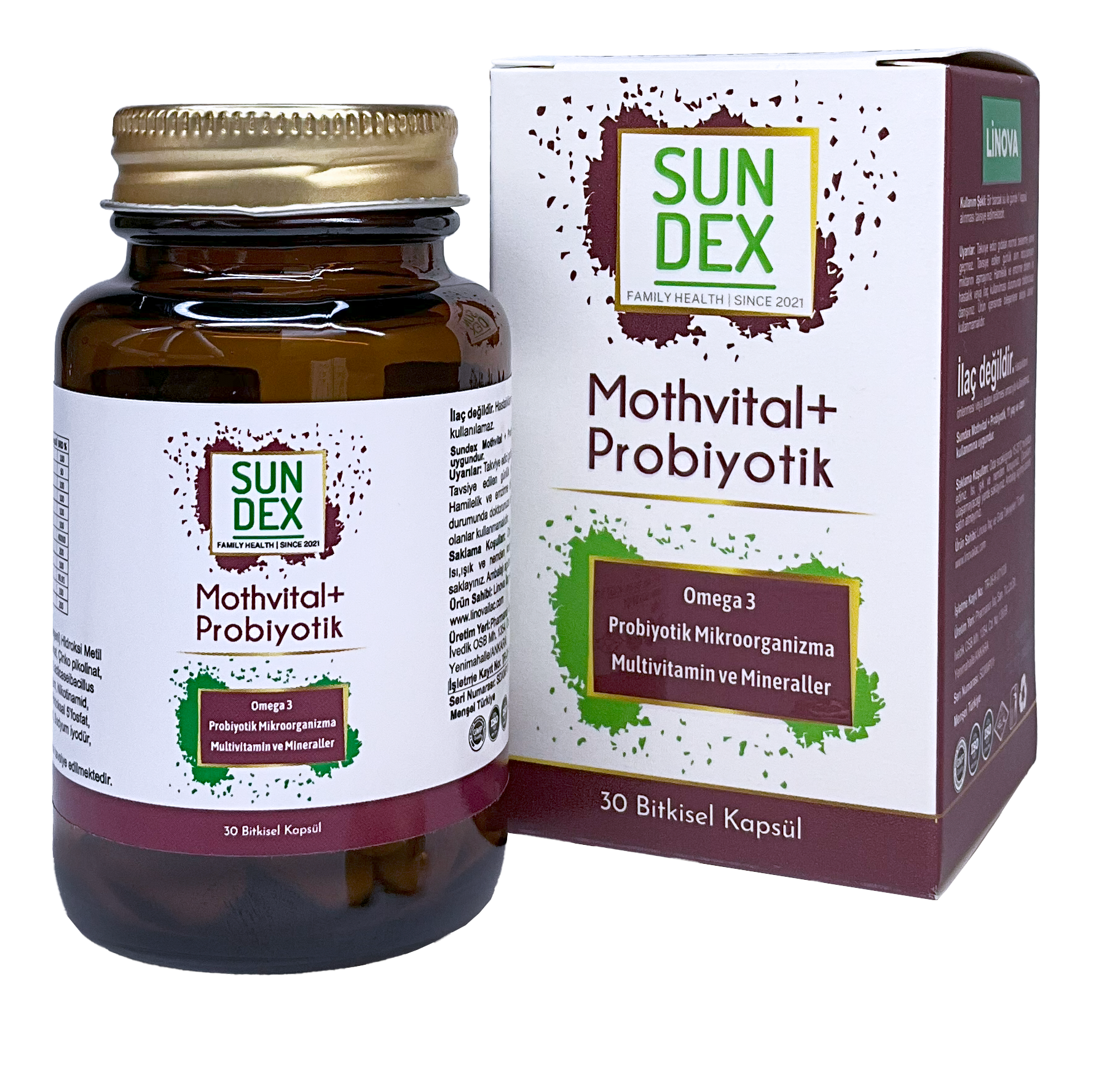 SUNDEX Mothvital+Probiyotik Omega 3, Probiyotik Mikroorganizma, Multivitamin ve Mineraller İçeren 30 Bitkisel Kapsül