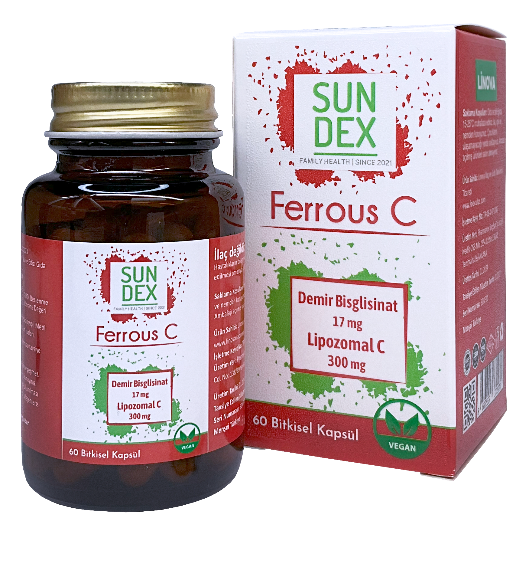 SUNDEX Ferrous C Demir Bisglisinat + Lipozomal C 60 Bitkisel Kapsül