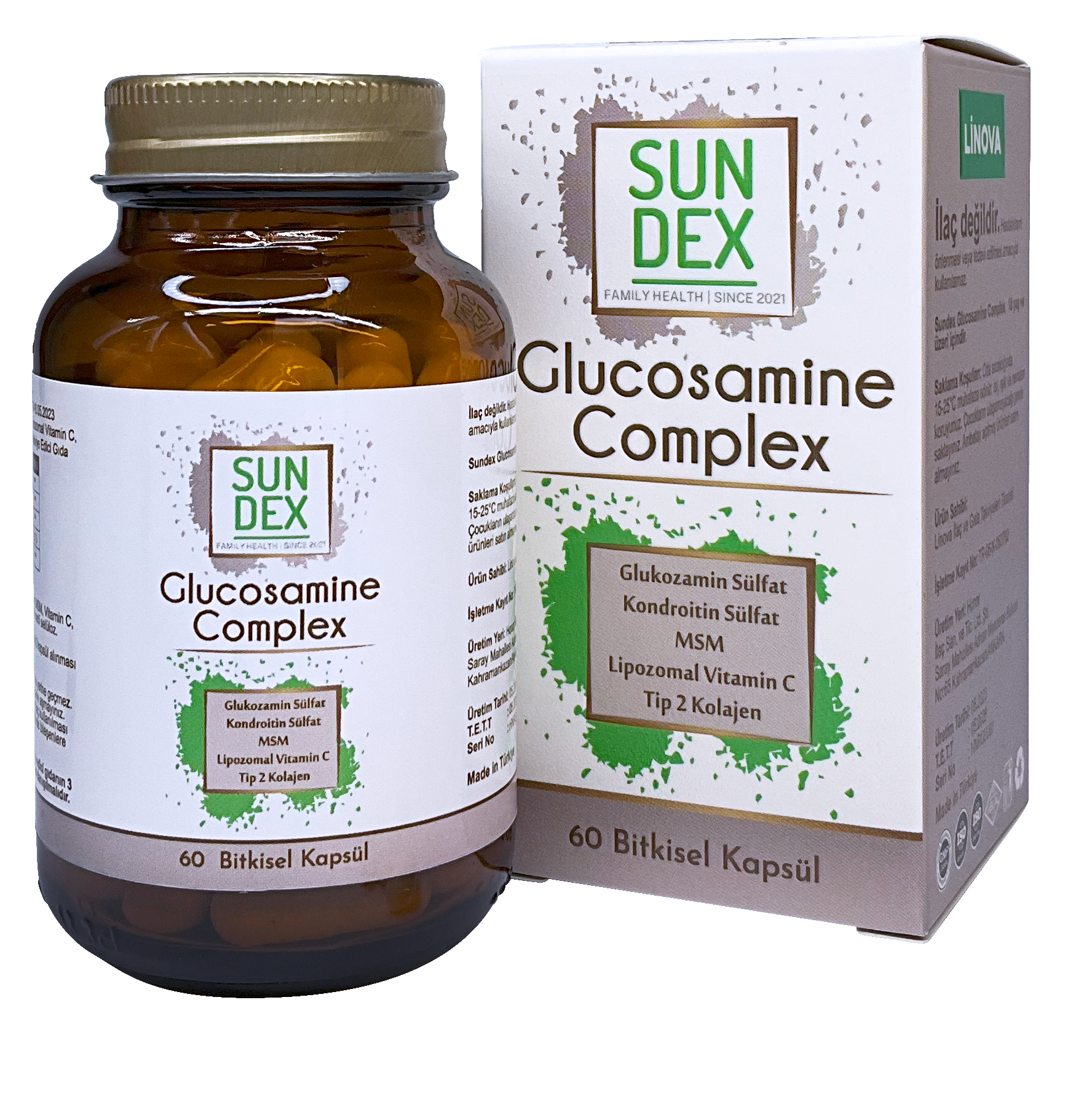 SUNDEX Glucosamine Complex Glukozamin Sülfat, Kondroitin Sülfat, MSM, Lipozomal Vitamin C, Tip 2 Kolajen 60 Bitkisel Kapsül