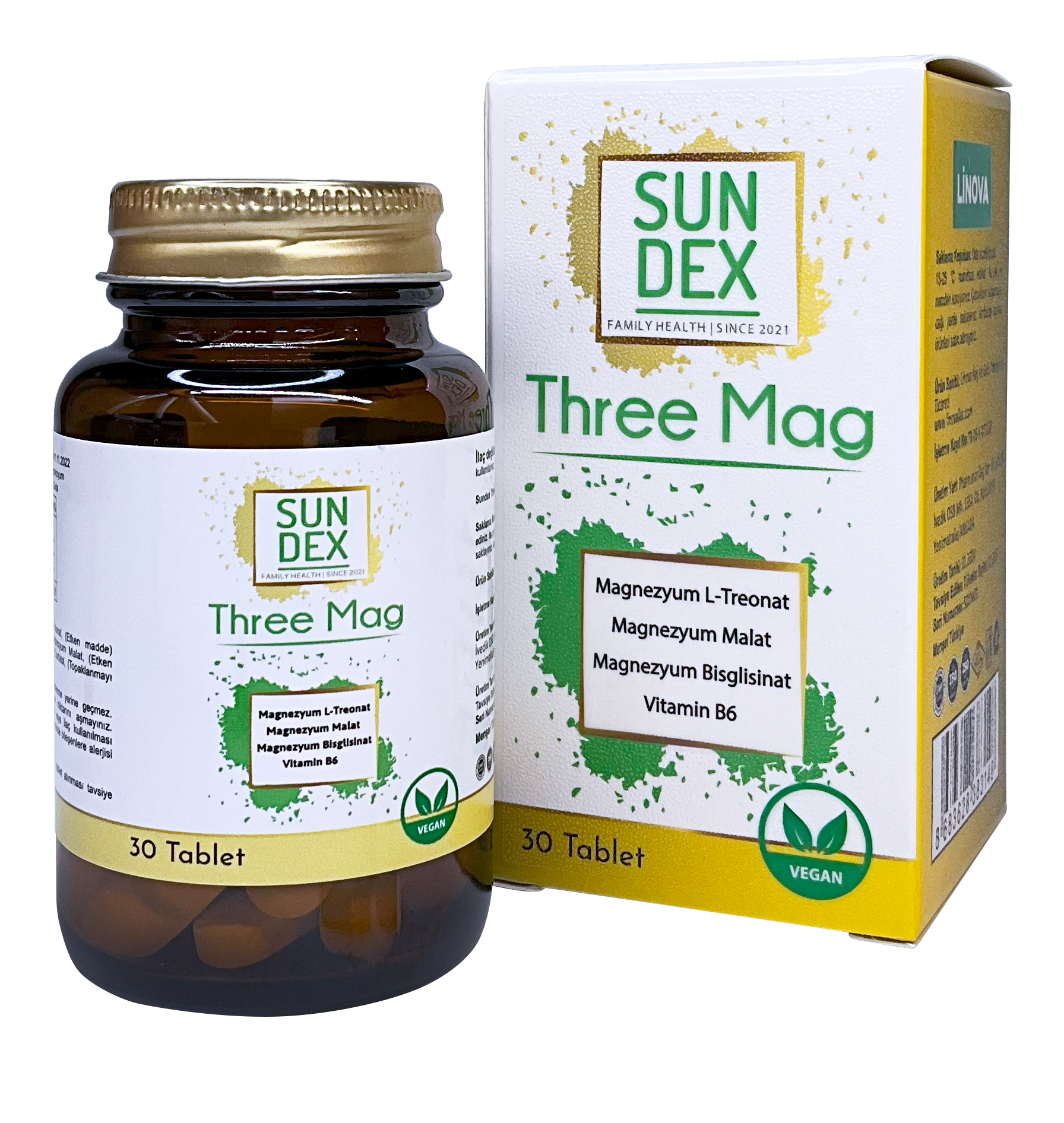 SUNDEX Three Mag (Magnezyum L-Treonat + Malat + Bisglisinat + Vitamin B6) 30 Tablet