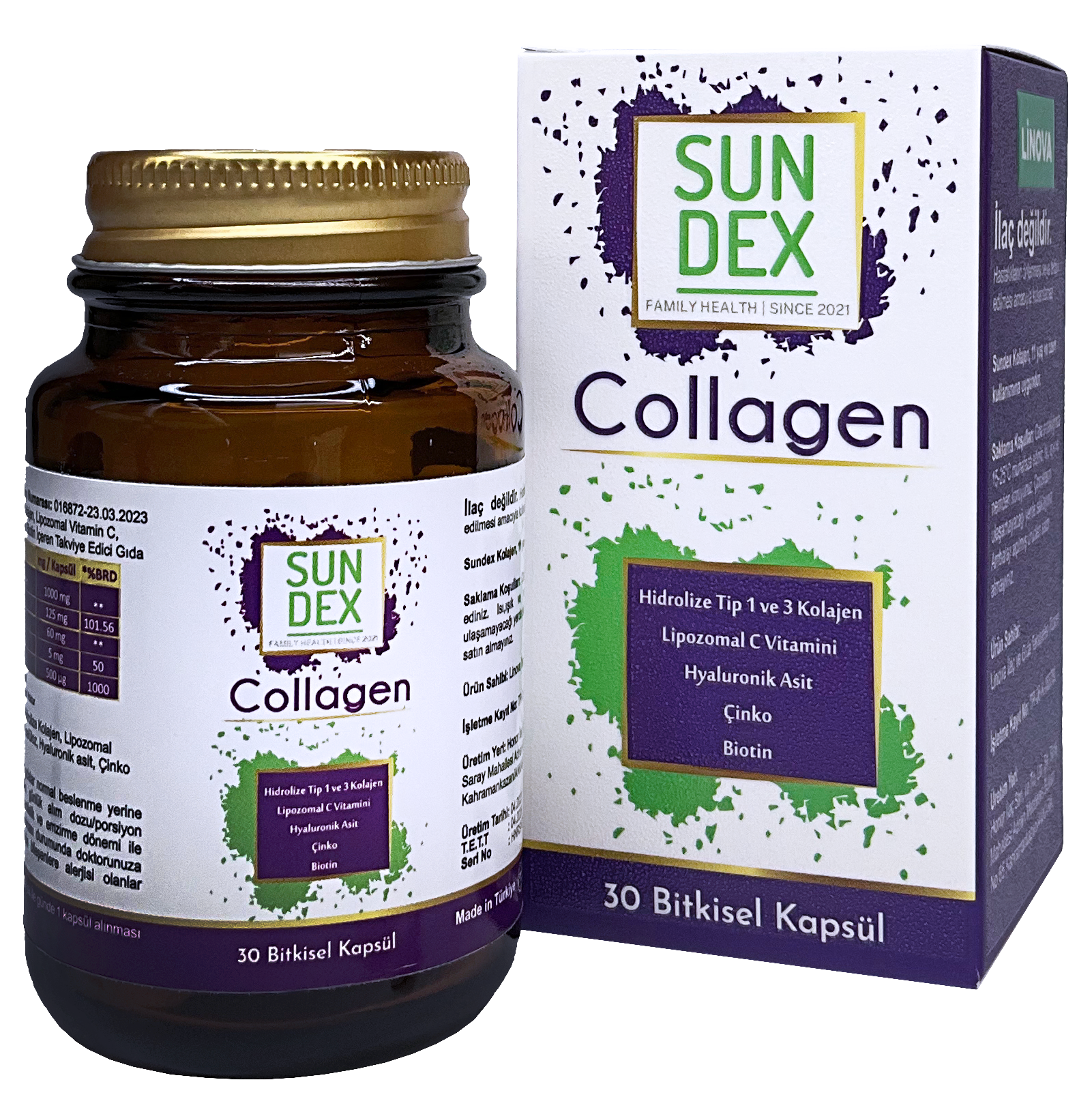 SUNDEX Collagen Hidrolize Tip I-III Kolajen, Lipozomal C, Hyaluronik Asit, Çinko, Biotin 30 Bitkisel Kapsül