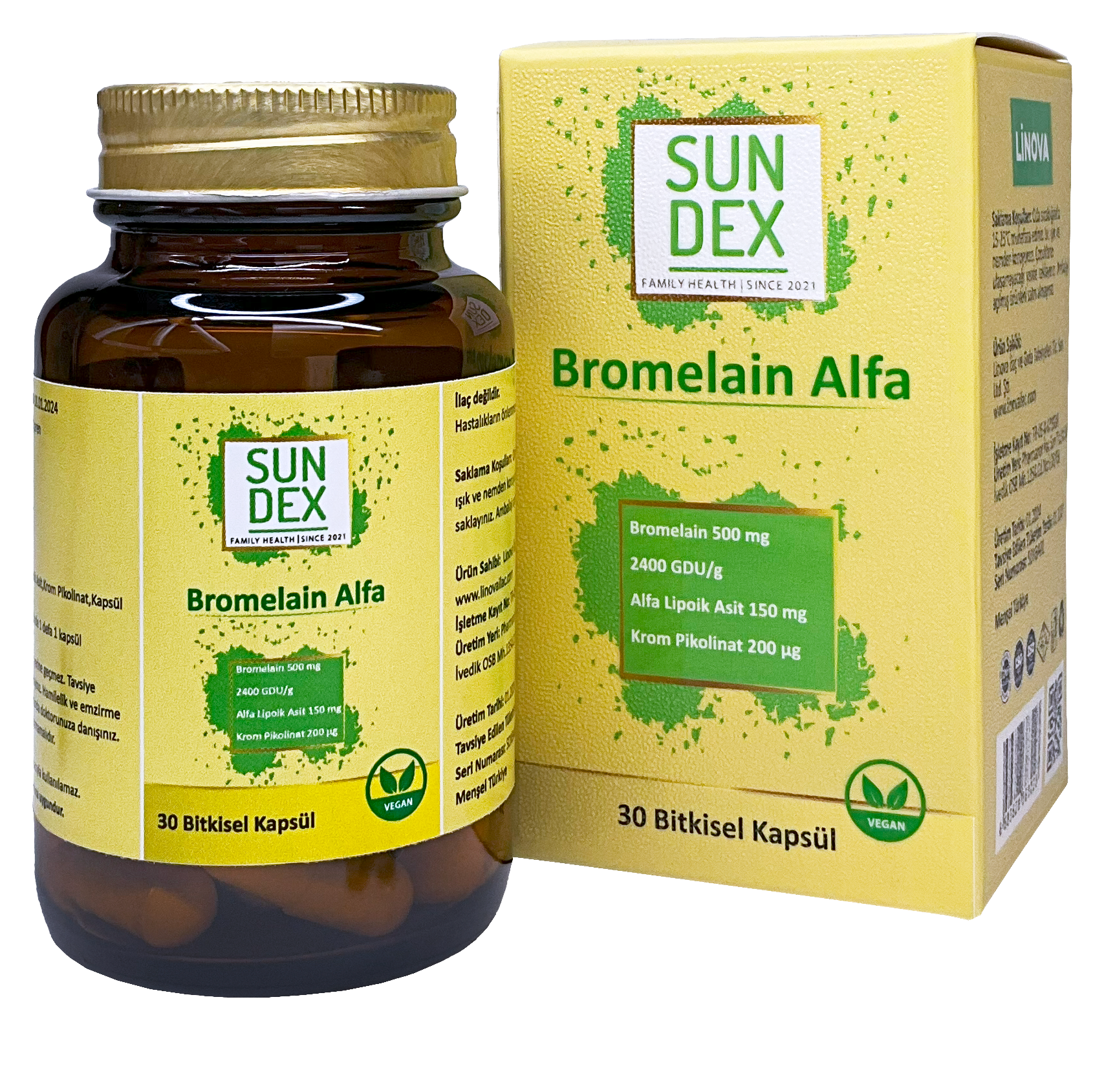 SUNDEX Bromelain Alfa Bromelain, Alfa Lipoik Asit, Krom Pikolinat 30 Bitkisel Kapsül