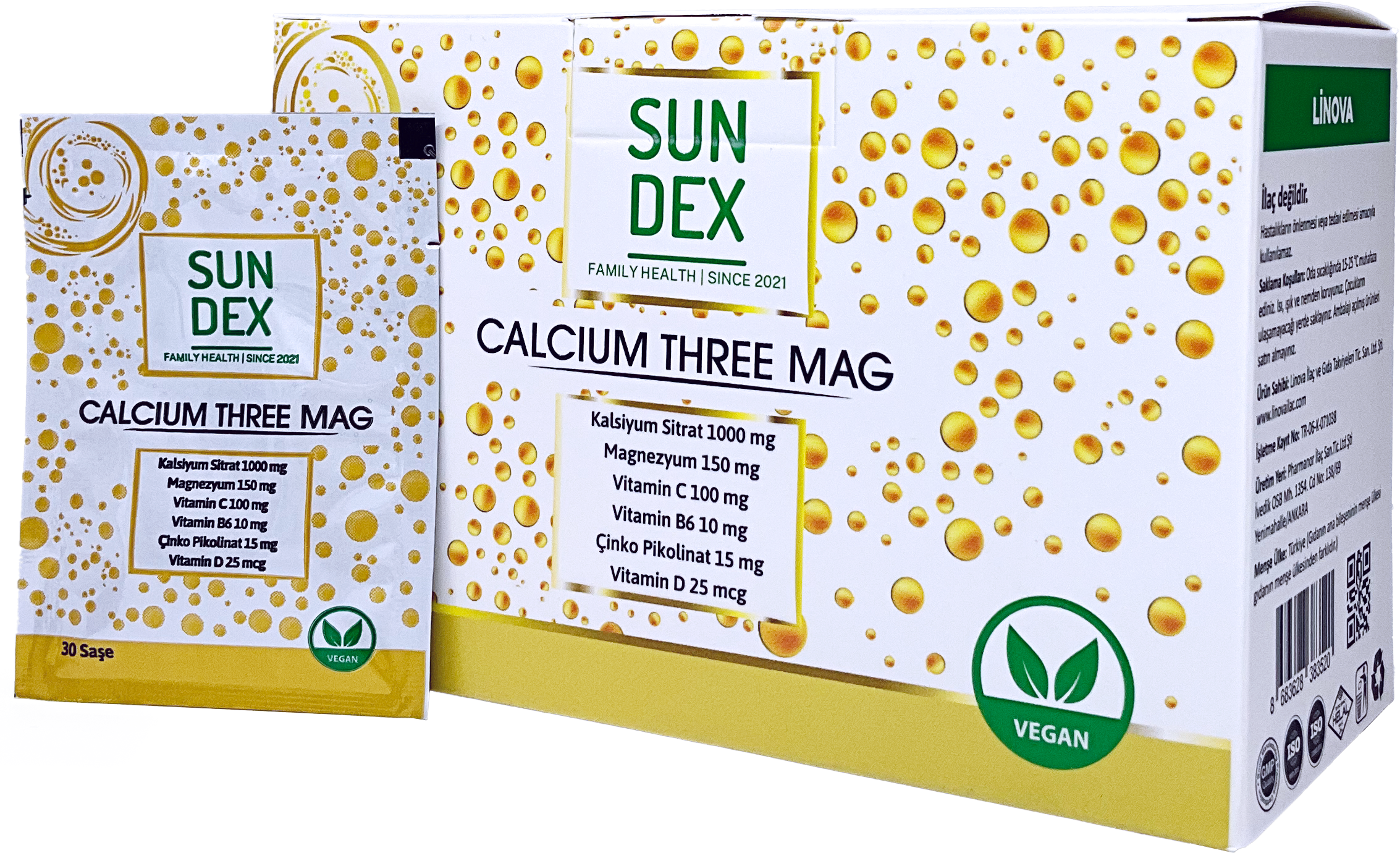 SUNDEX Calcium Three Mag Kalsiyum Sitrat, Magnezyum, Vitamin C, B6, D ve Çinko Pikolinat 30 Saşe