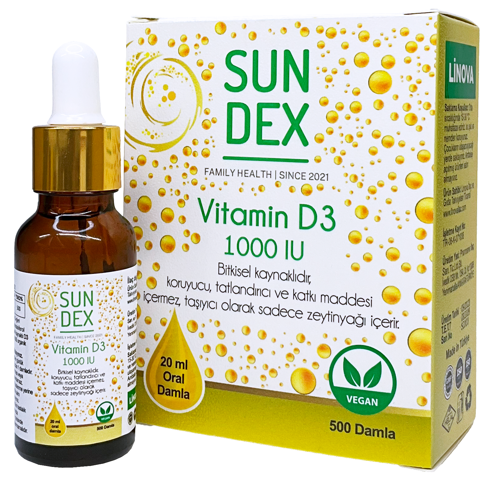 SUNDEX Vitamin D3 1000 IU 20 ml Bitkisel Kaynaklı 500 Damla