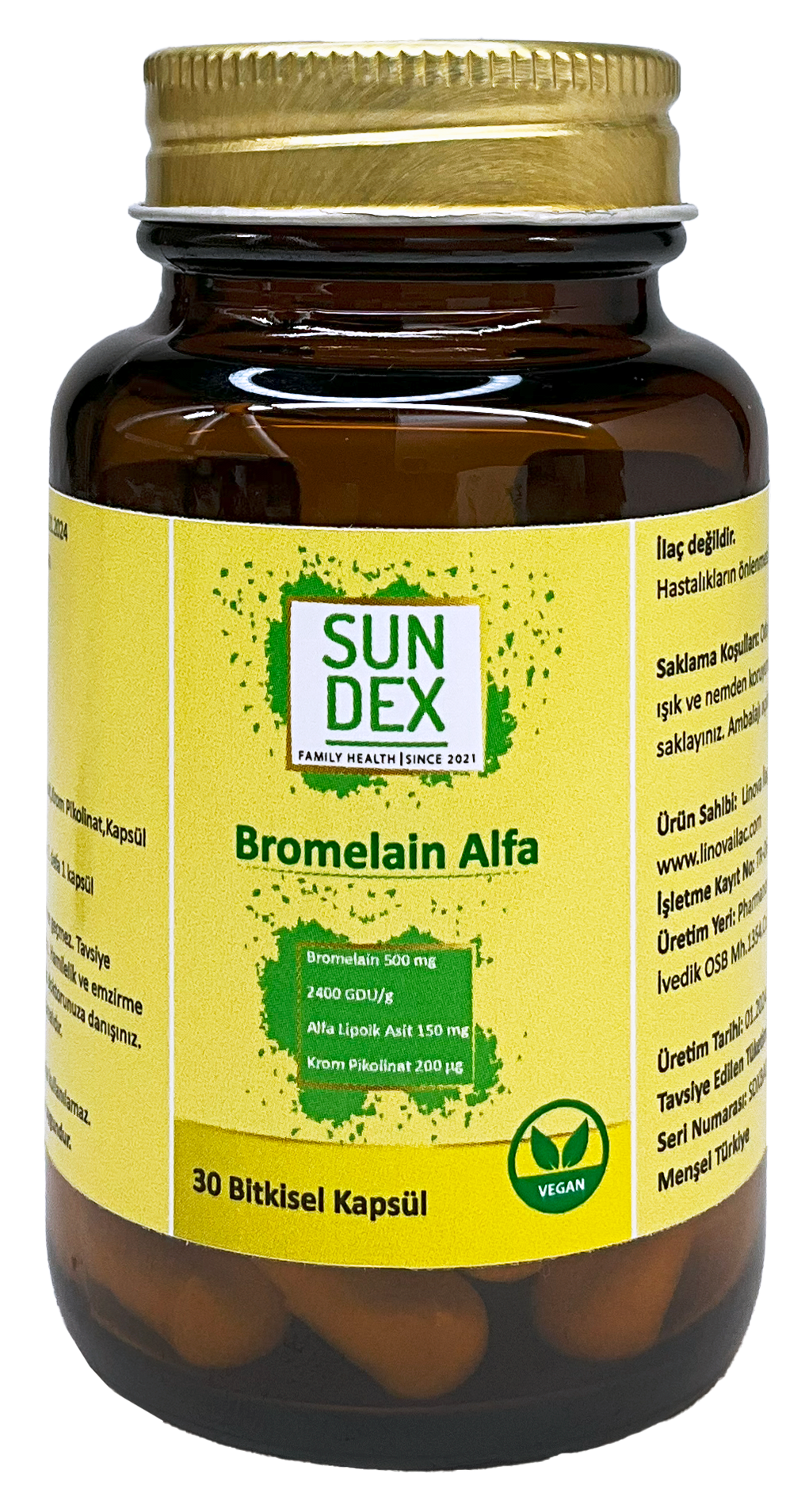 SUNDEX Bromelain Alfa Bromelain, Alfa Lipoik Asit, Krom Pikolinat 30 Bitkisel Kapsül