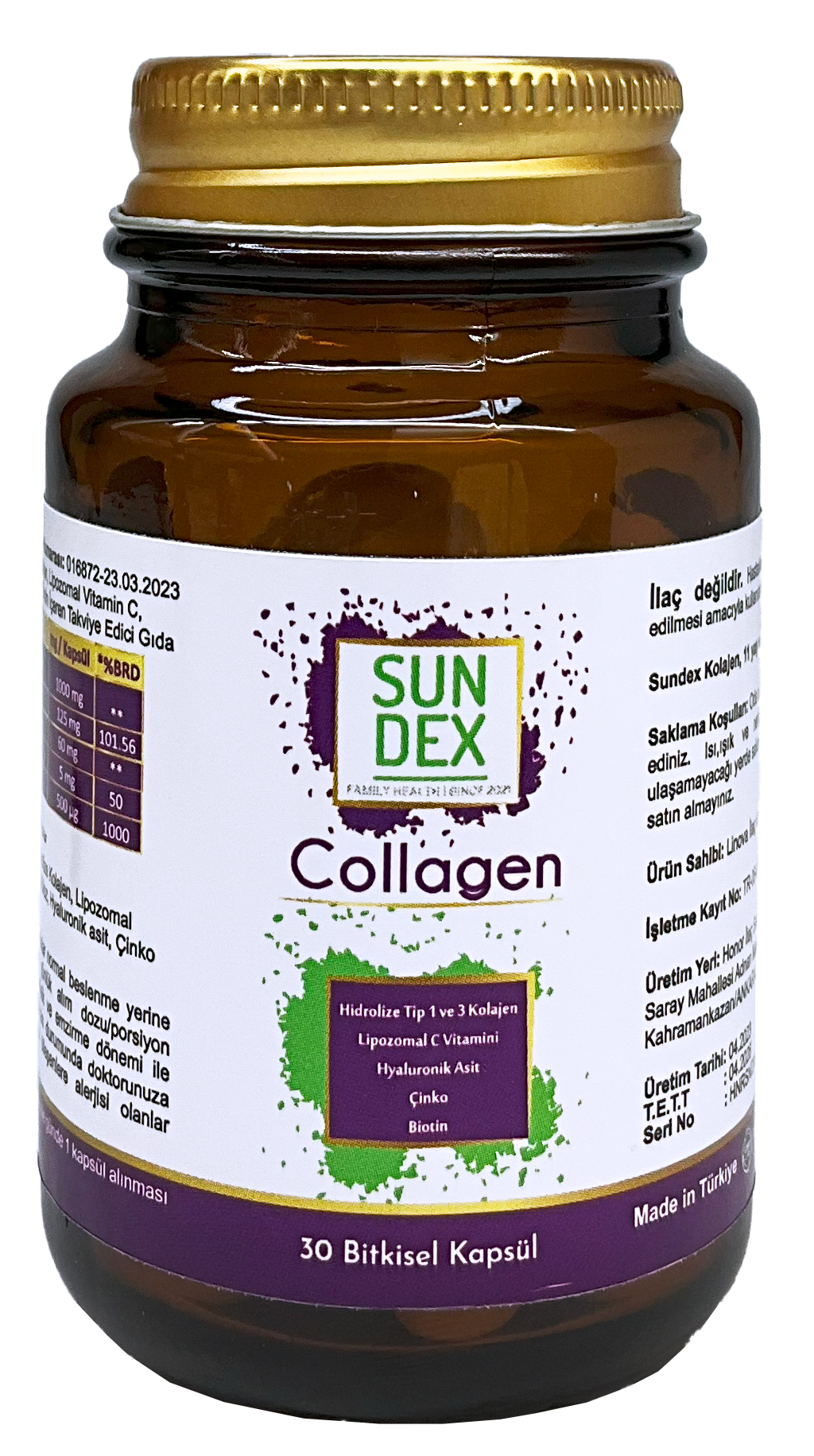 SUNDEX Collagen Hidrolize Tip I-III Kolajen, Lipozomal C, Hyaluronik Asit, Çinko, Biotin 30 Bitkisel Kapsül