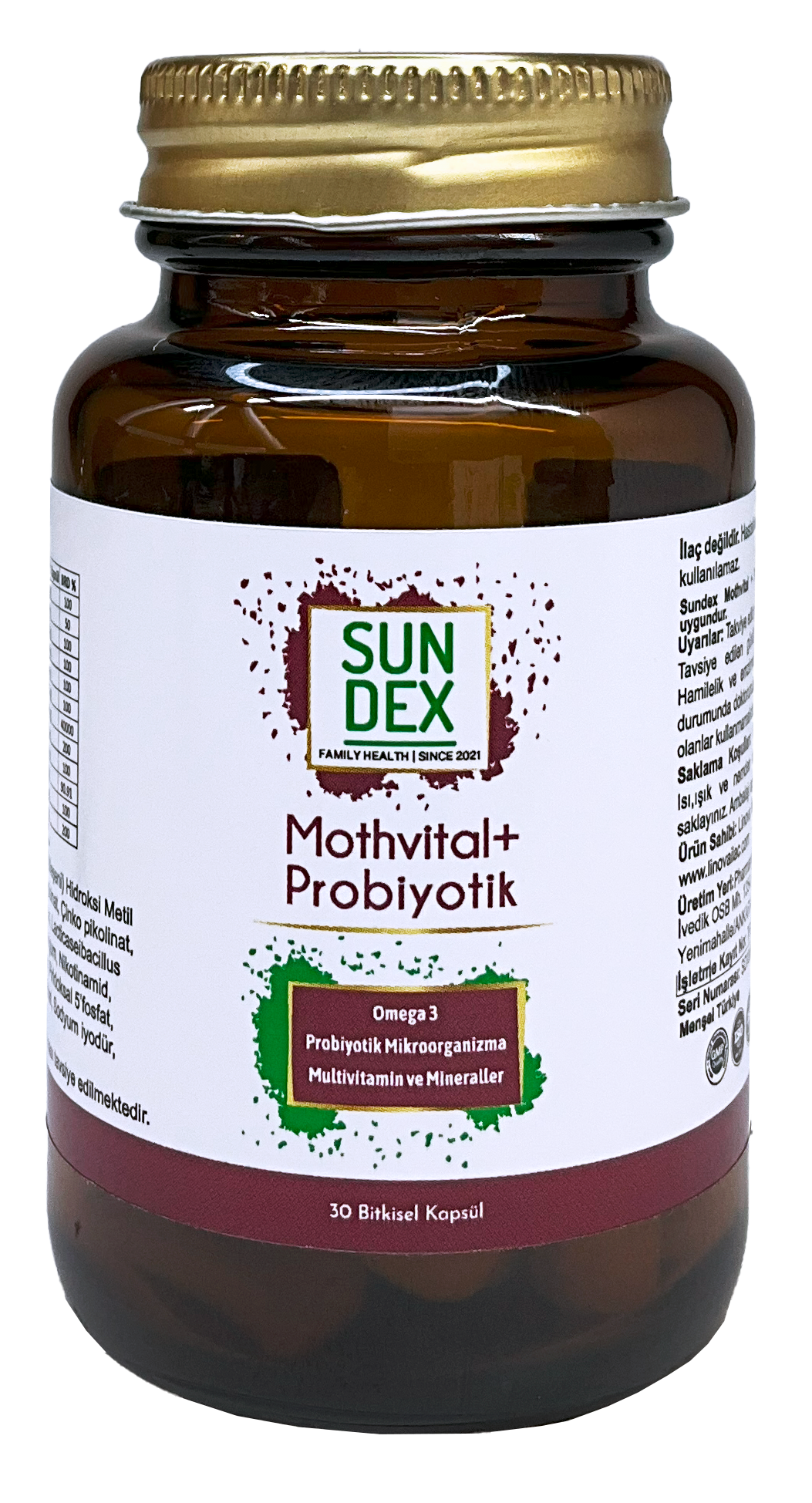 SUNDEX Mothvital+Probiyotik Omega 3, Probiyotik Mikroorganizma, Multivitamin ve Mineraller İçeren 30 Bitkisel Kapsül