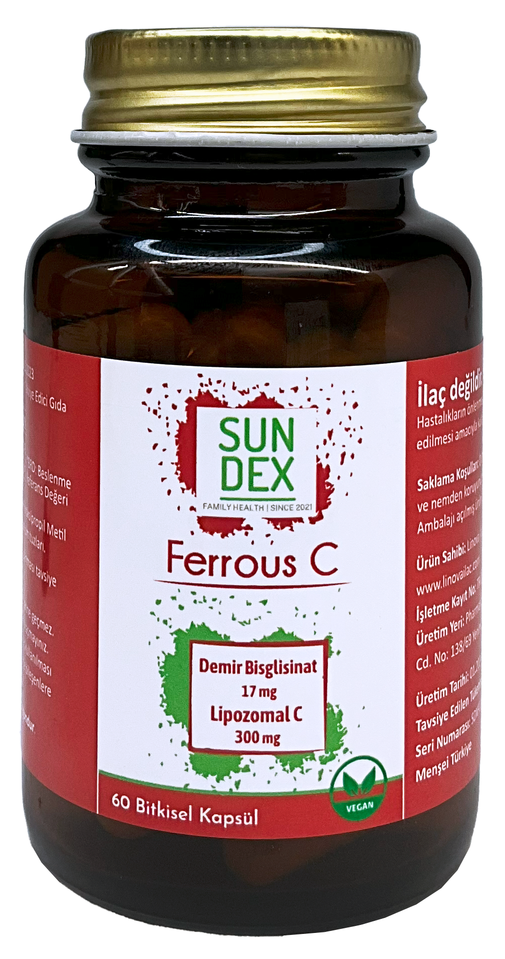 SUNDEX Ferrous C Demir Bisglisinat + Lipozomal C 60 Bitkisel Kapsül