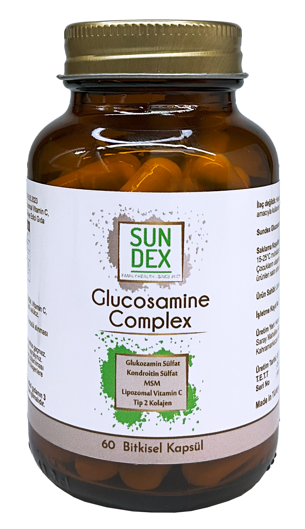 SUNDEX Glucosamine Complex Glukozamin Sülfat, Kondroitin Sülfat, MSM, Lipozomal Vitamin C, Tip 2 Kolajen 60 Bitkisel Kapsül