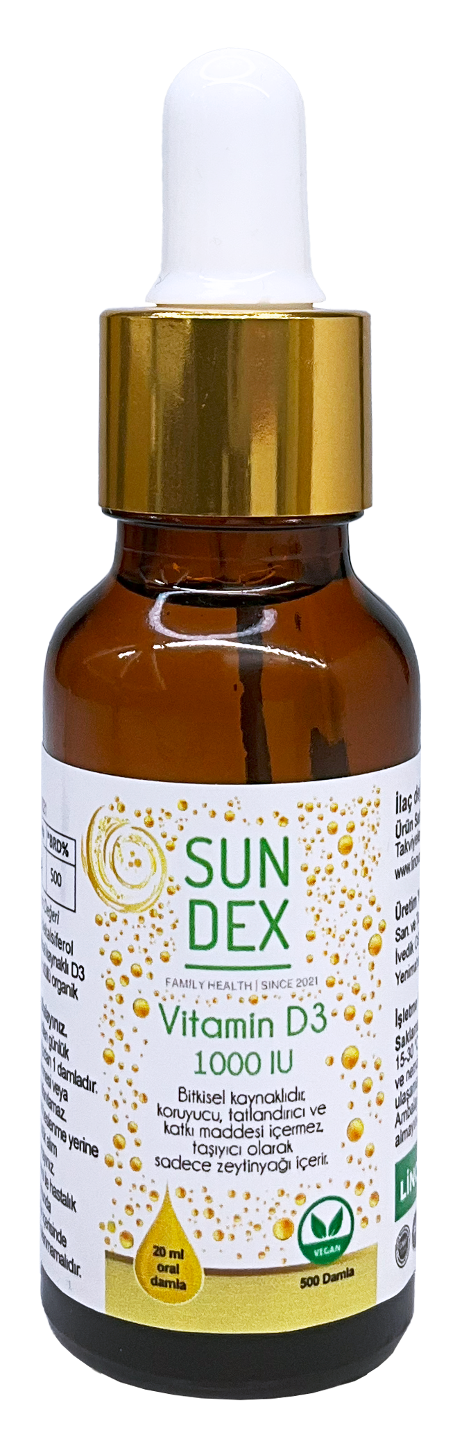 SUNDEX Vitamin D3 1000 IU 20 ml Bitkisel Kaynaklı 500 Damla