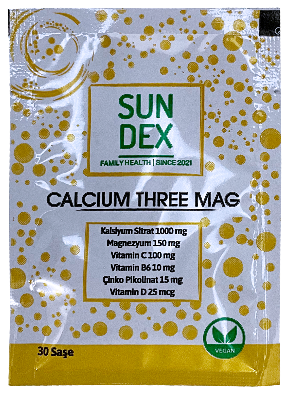SUNDEX Calcium Three Mag Kalsiyum Sitrat, Magnezyum, Vitamin C, B6, D ve Çinko Pikolinat 30 Saşe