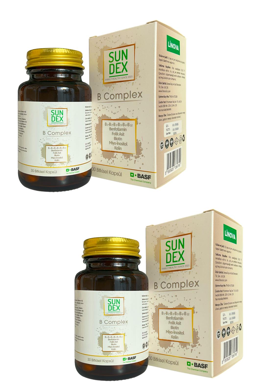 SUNDEX 2’li Paket B Complex Benfotiamin ve Aktif Form Tüm B Vitaminleri 30 Bitkisel Kapsül