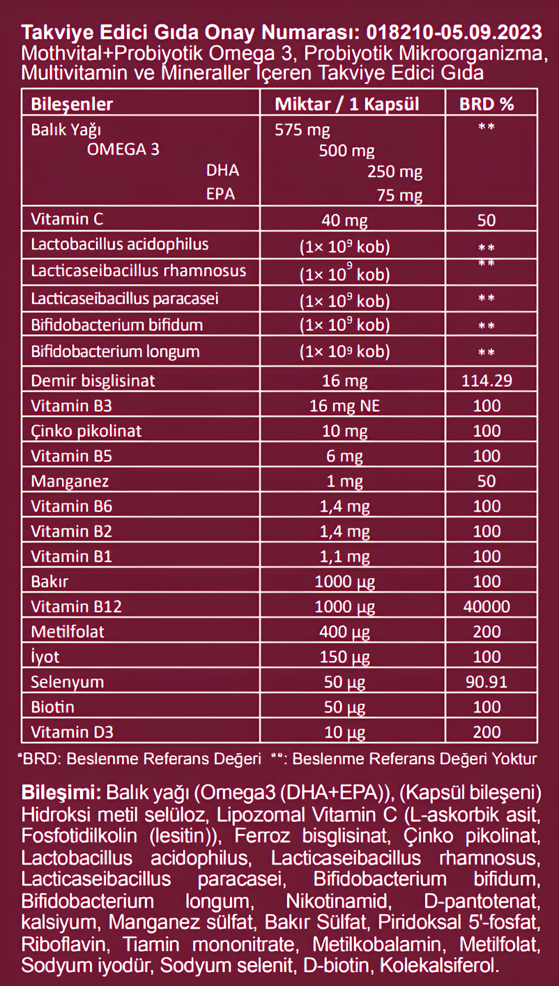 SUNDEX 2’li Paket Mothvital+Probiyotik Omega 3, Probiyotik Mikroorganizma, Multivitamin ve Mineraller İçeren 30 Bitkisel Kapsül
