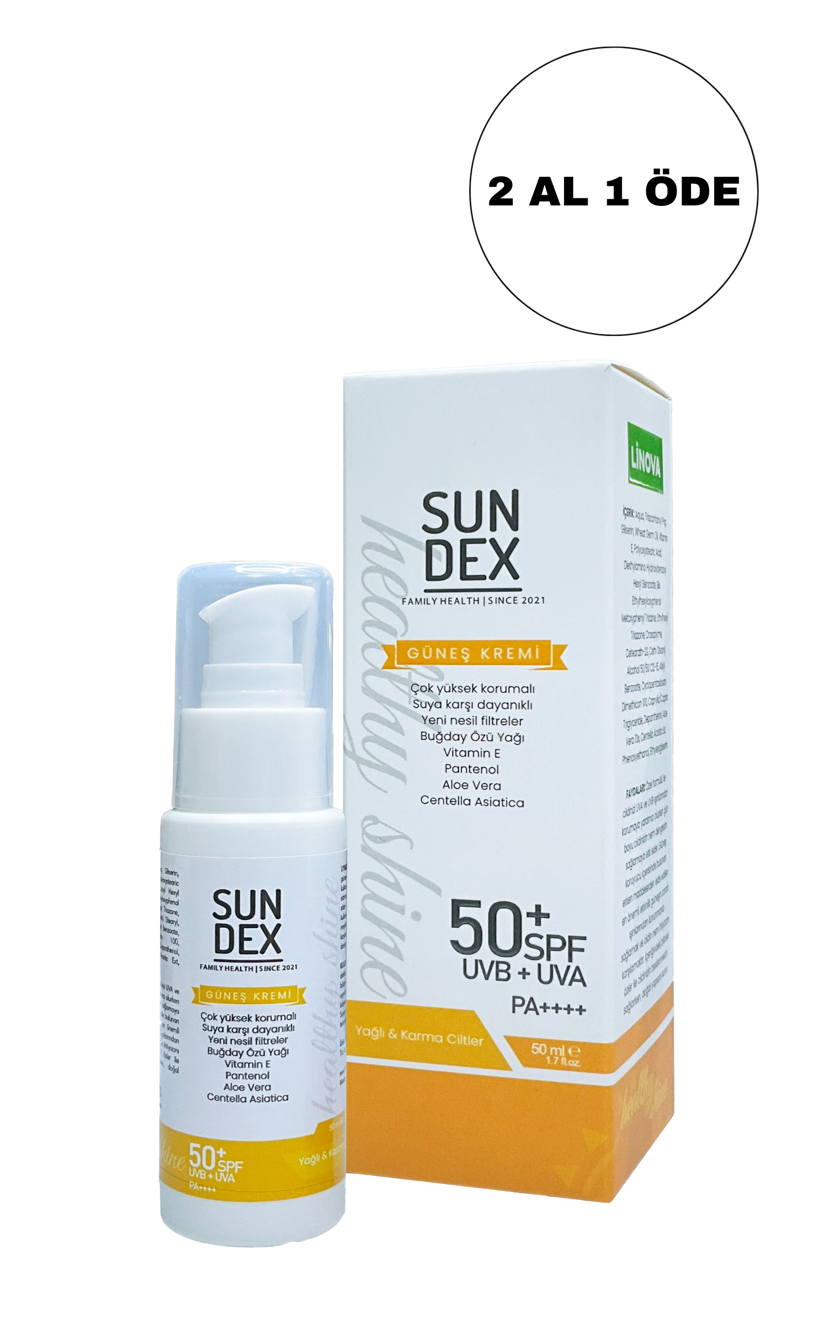 SUNDEX Healthy Shine SPF 50+ Yüz Güneş Kremi Yağlı ve Karma Ciltler 50 ml